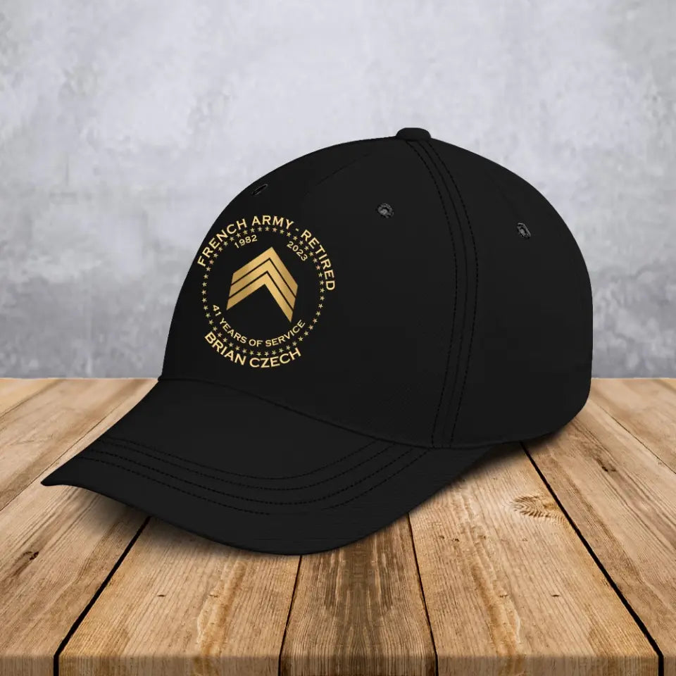 Personalized French Veteran Retired Custom Rank & Name Served Time Black Cap Printed AHVA24833