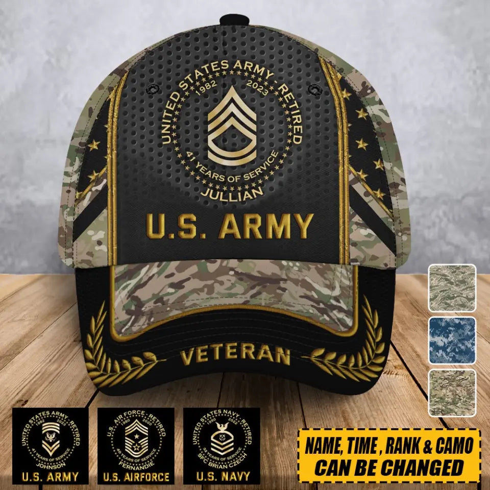 Personalized US Army Veteran Rank Camo Custom Name & Served Time 3D Cap Printed AHVA24872