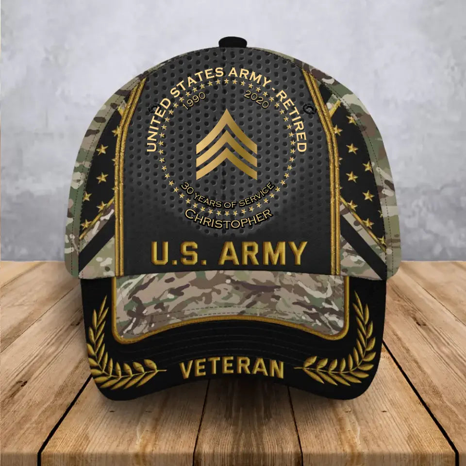 Personalized US Army Veteran Rank Camo Custom Name & Served Time 3D Cap Printed AHVA24872