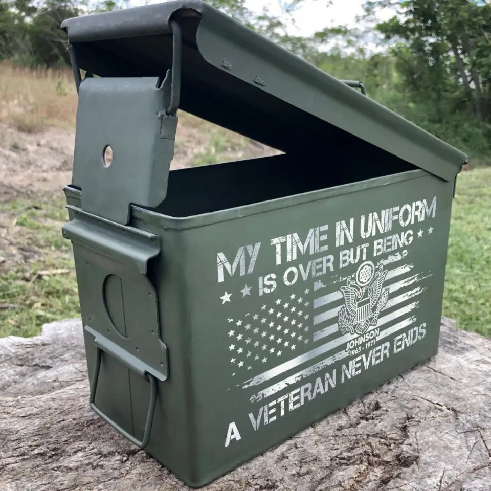 Personalized My Time In Uniform Is Over But Being A Veteran Never Ends US Veteran Ammo Box Printed VA24875