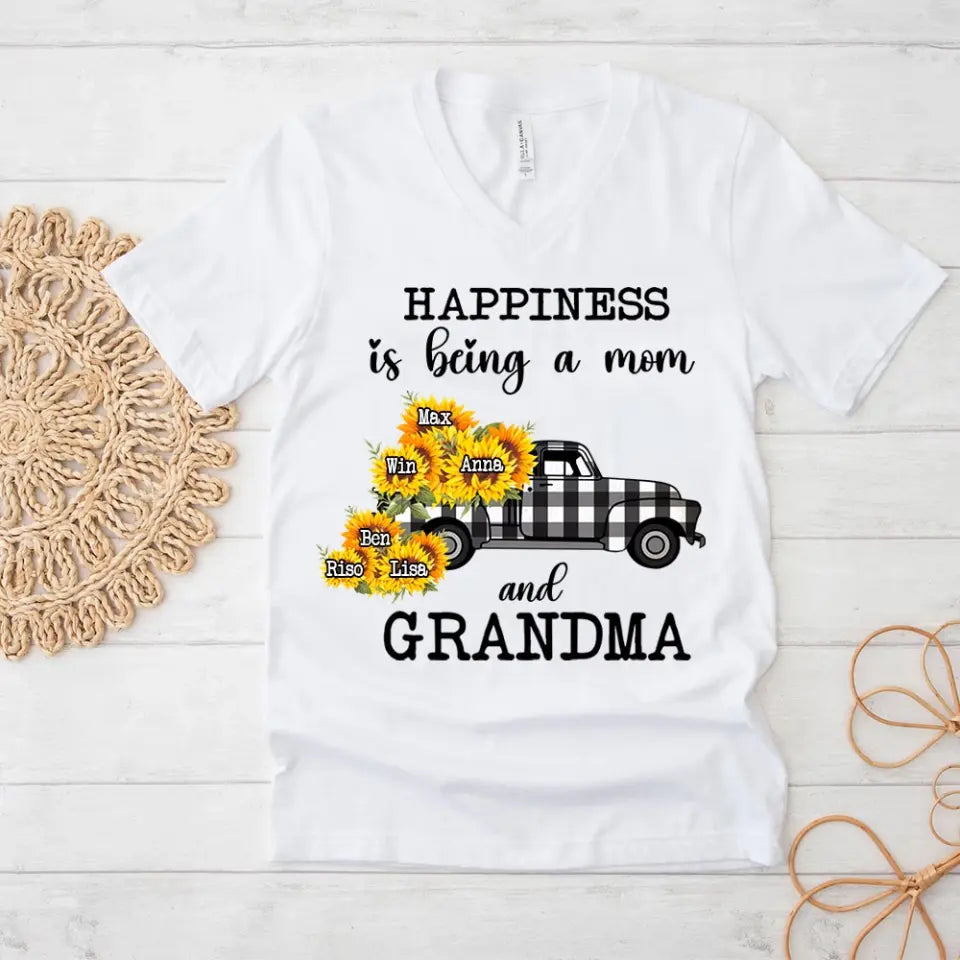 Personalized Happiness Is Being A Mom And Grandma Car Sunflowers V-neck T-shirt Printed HN24896