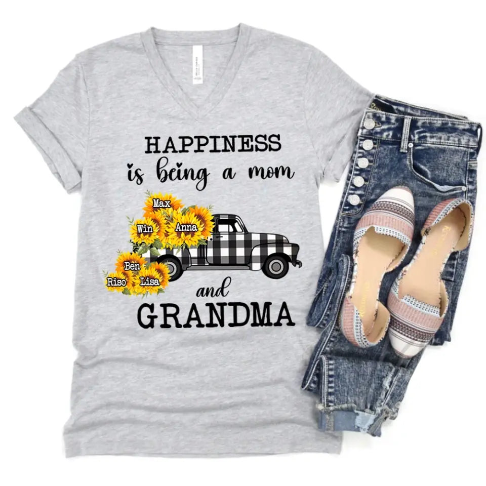 Personalized Happiness Is Being A Mom And Grandma Car Sunflowers V-neck T-shirt Printed HN24896