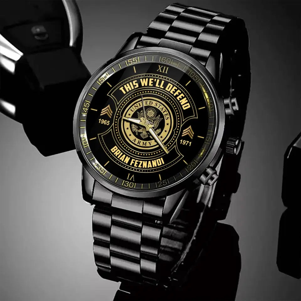 Personalized This We'll Defend US Army Veteran Custom Rank & Name Number Watch AHVA24898