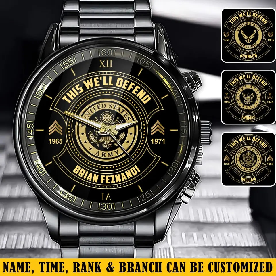 Personalized This We'll Defend US Army Veteran Custom Rank & Name Number Watch AHVA24898