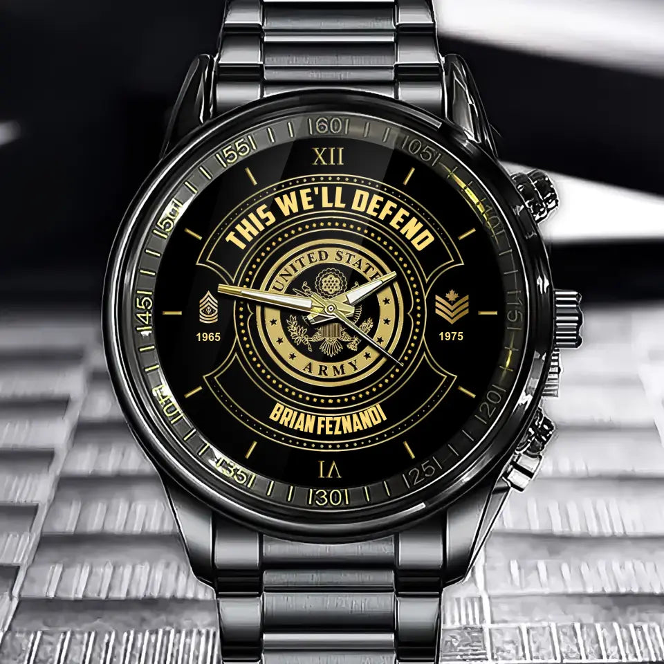 Personalized This We'll Defend US Army Veteran Custom Rank & Name Number Watch AHVA24898