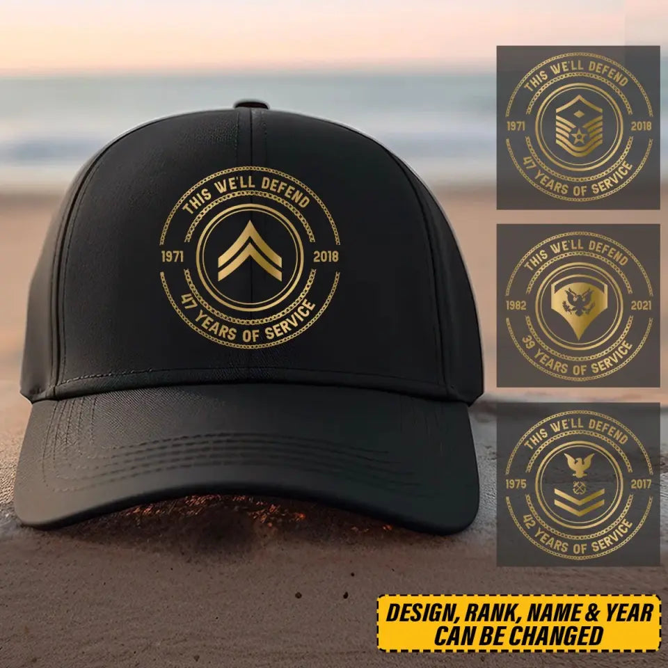 Personalized This We'll Defend US Veteran Custom Rank & Name Served Time Black Cap Printed AHVQ24899