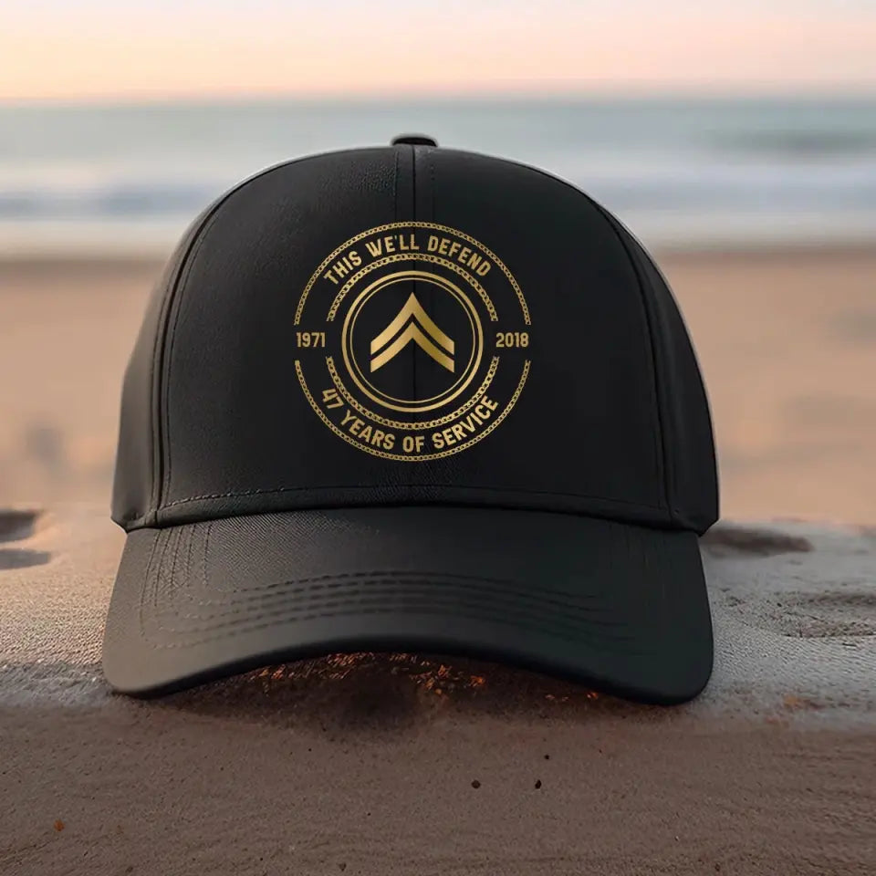Personalized This We'll Defend US Veteran Custom Rank & Name Served Time Black Cap Printed AHVQ24899