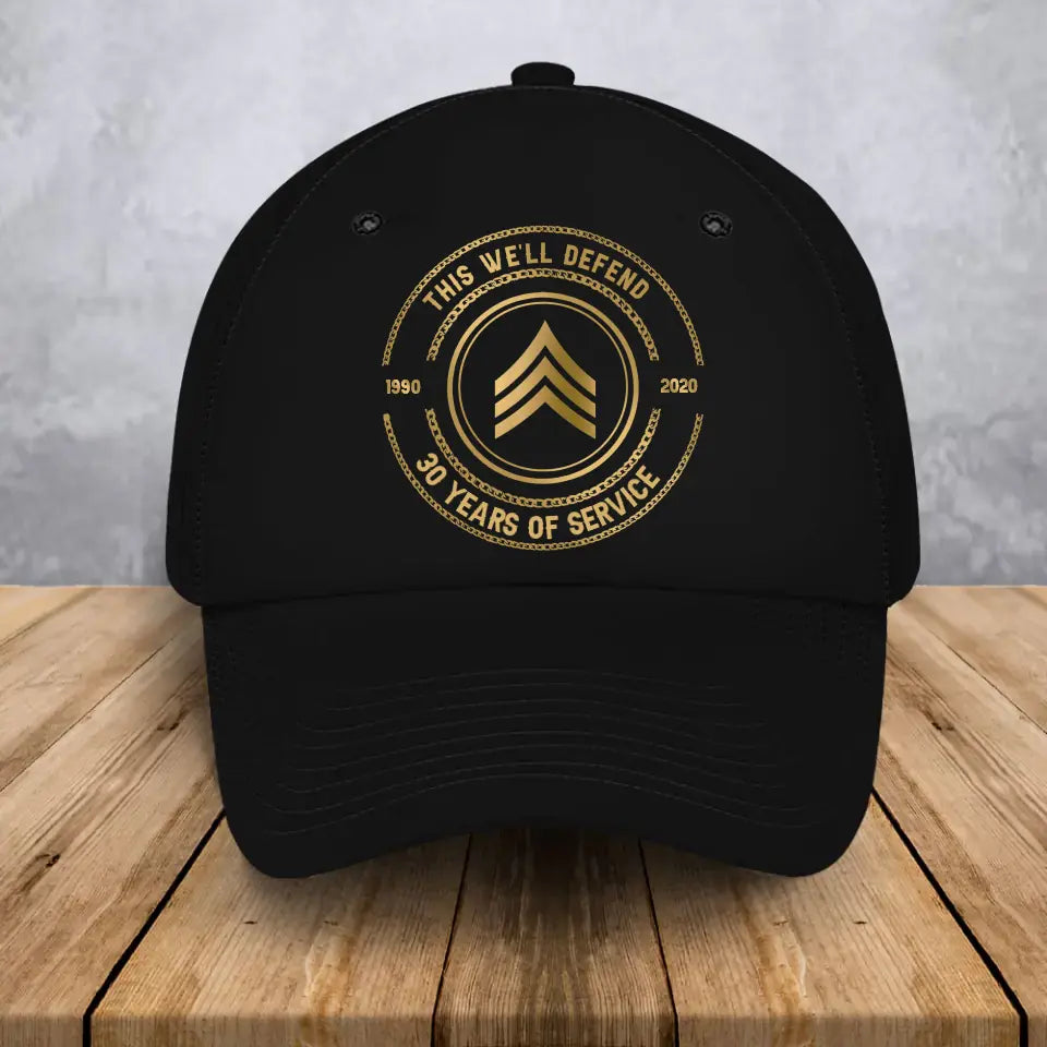 Personalized This We'll Defend US Veteran Custom Rank & Name Served Time Black Cap Printed AHVQ24899