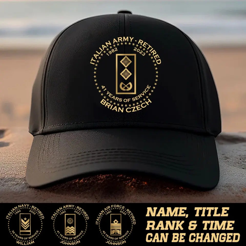Personalized Italian Army Retired Custom Rank & Time Black Cap Printed AHVA24902