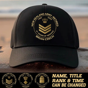 Personalized New Zealand Army Retired Custom Rank & Time Black Cap Printed AHVA24902
