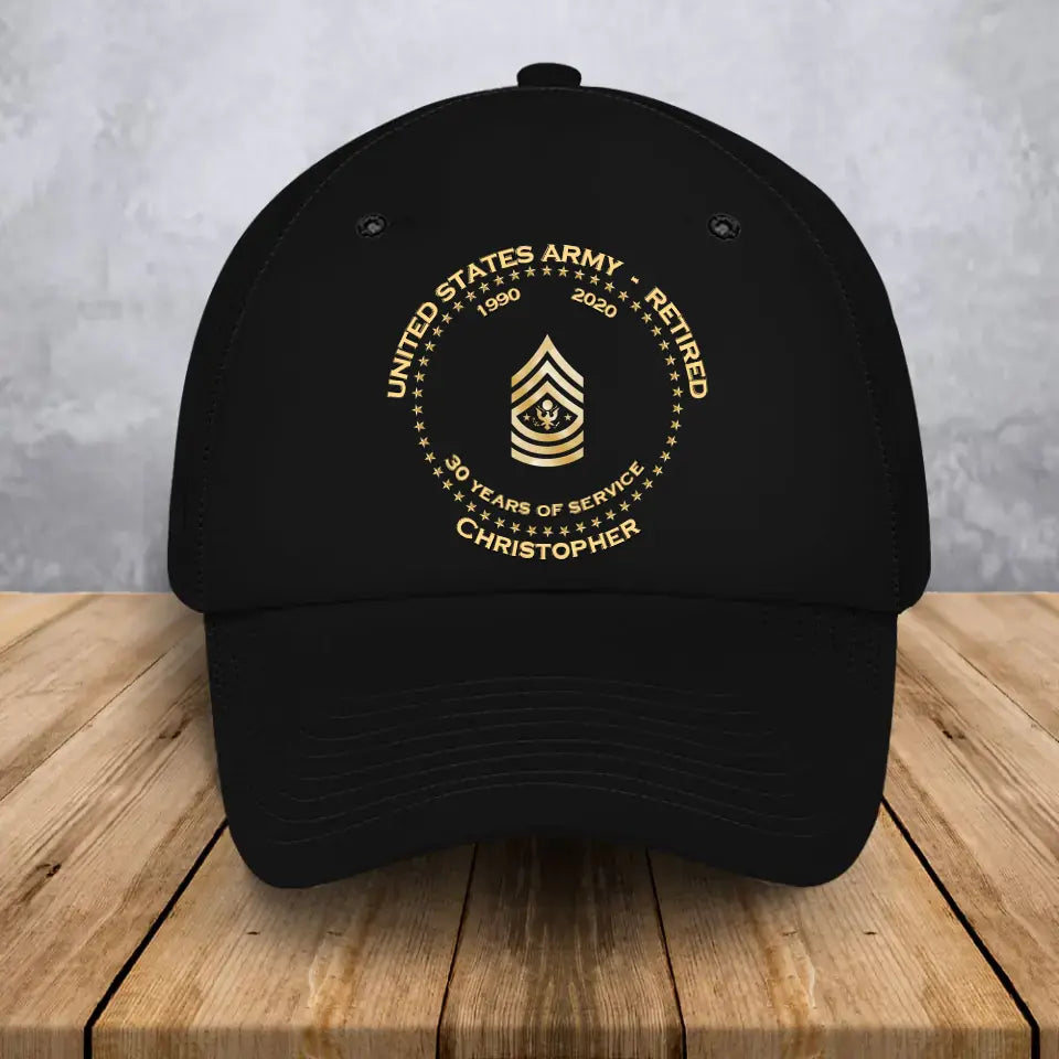Personalized US Army Retired Custom Rank Served Time & Name Black Cap Printed AHVA24763