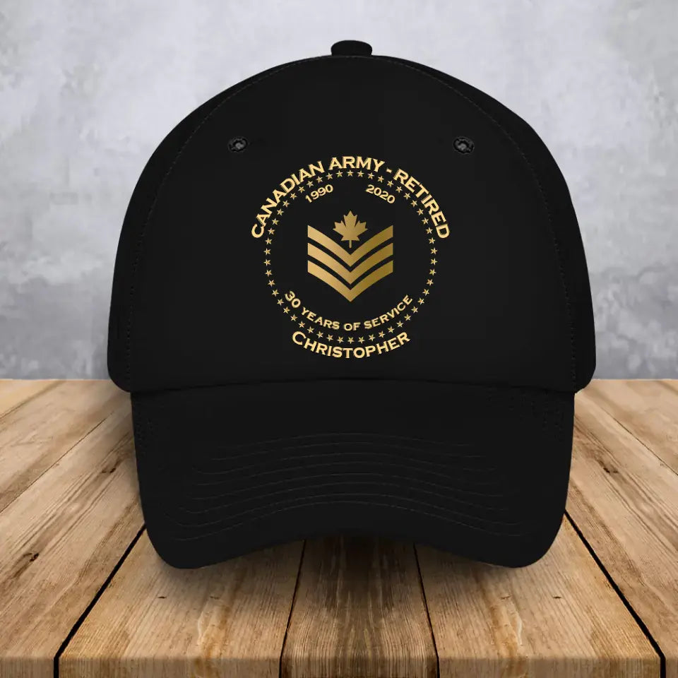 Personalized Canadian Army Retired Custom Rank Served Time & Name Black Cap Printed AHVA24763
