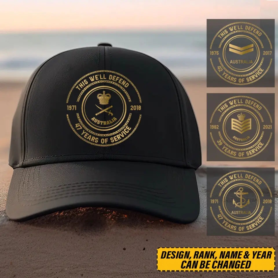 Personalized This We'll Defend Australian Veteran Custom Rank & Time Black Cap Printed AHVQ24907