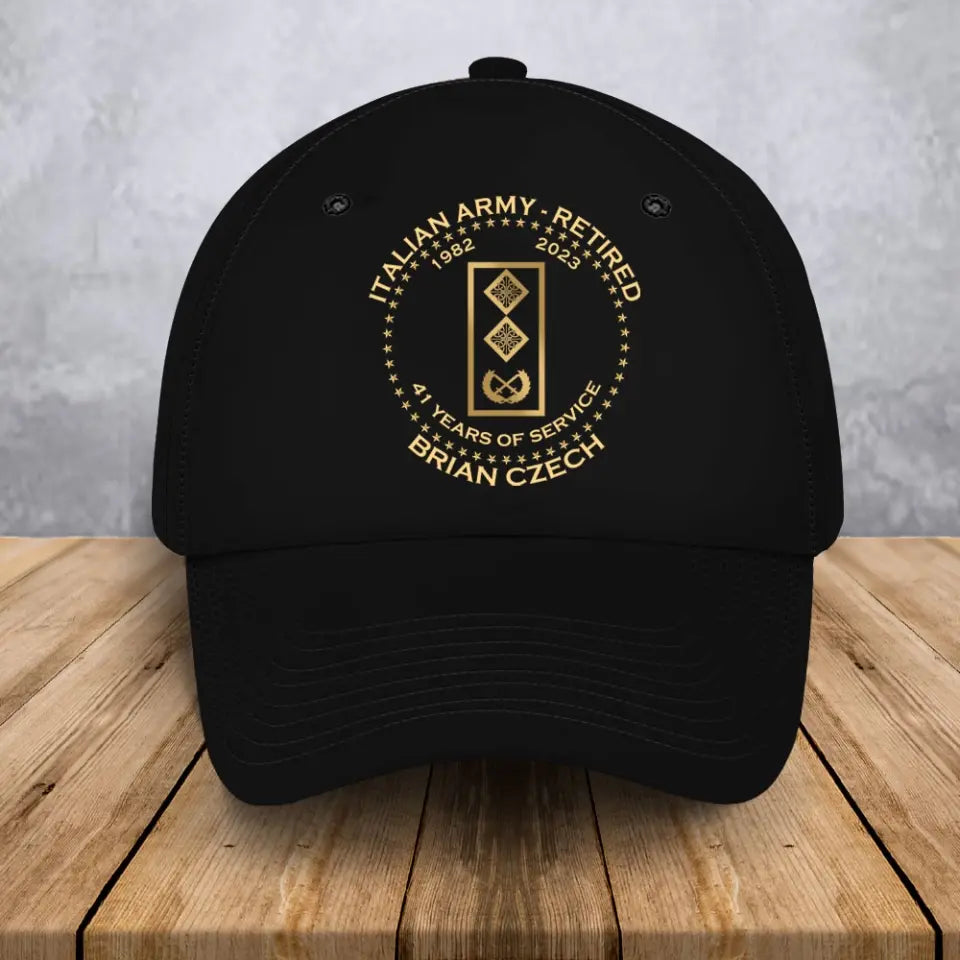 Personalized Italian Army Retired Custom Rank & Time Black Cap Printed AHVA24902
