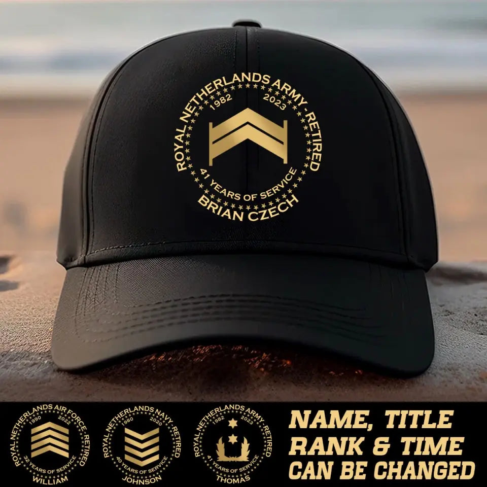 Personalized Netherland Army Retired Custom Rank & Time Black Cap Printed AHVA24902