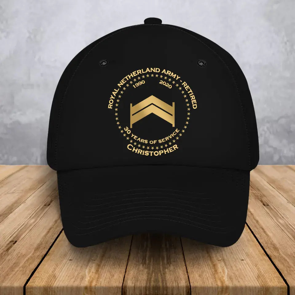 Personalized Netherland Army Retired Custom Rank & Time Black Cap Printed AHVA24902