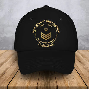 Personalized New Zealand Army Retired Custom Rank & Time Black Cap Printed AHVA24902