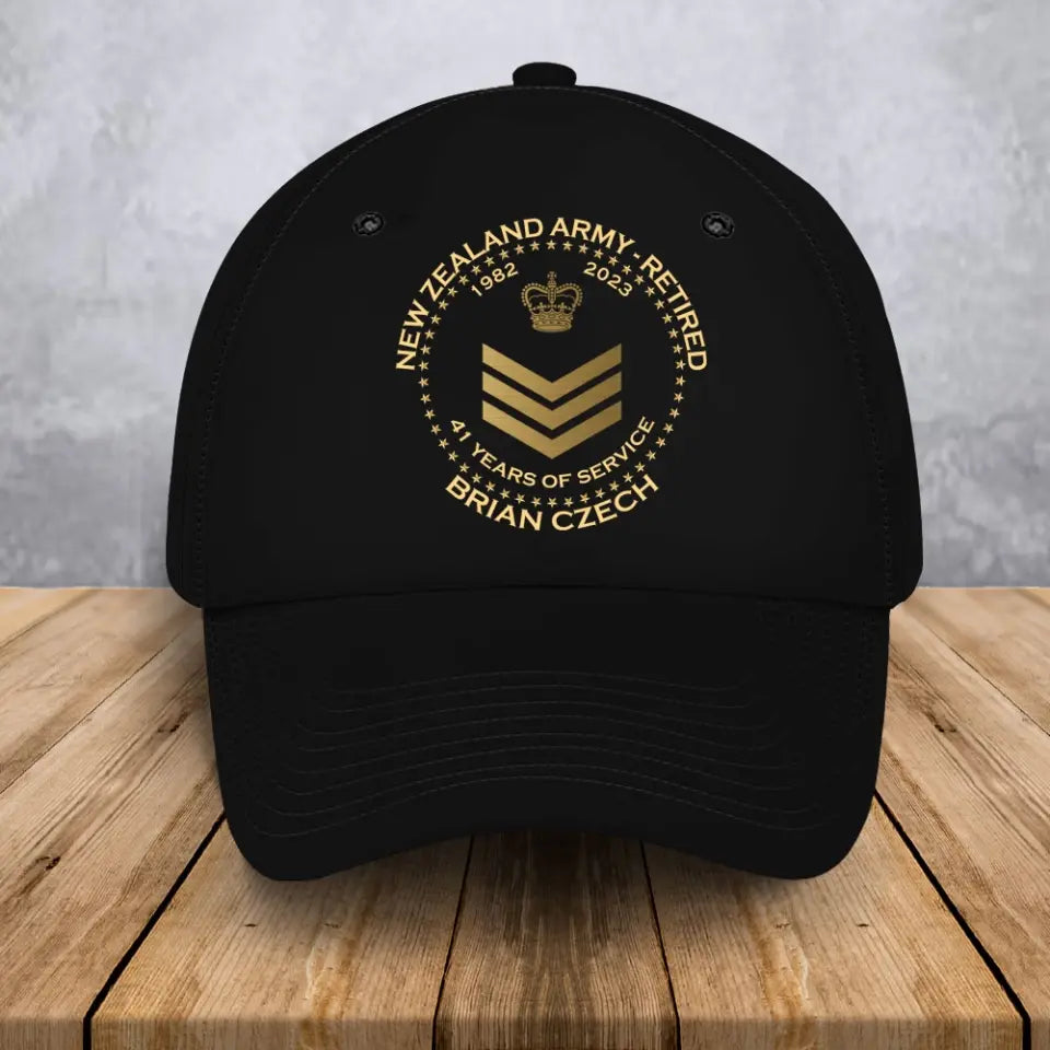 Personalized New Zealand Army Retired Custom Rank & Time Black Cap Printed AHVA24902