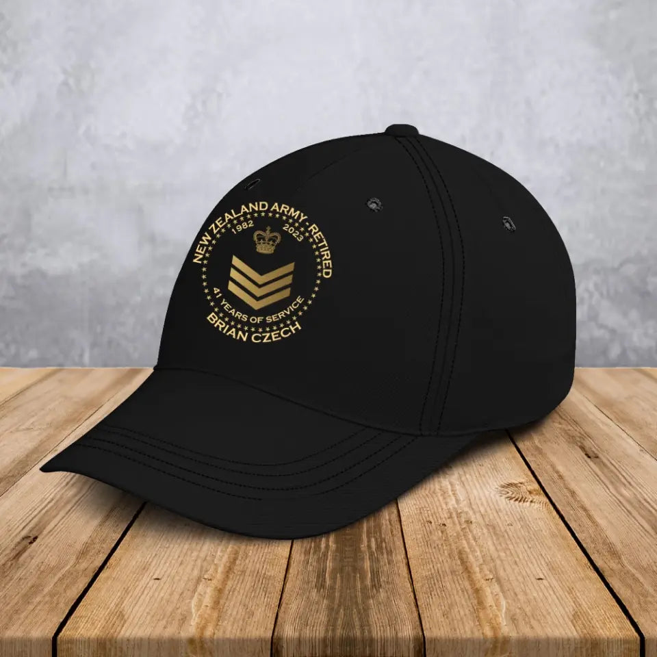 Personalized New Zealand Army Retired Custom Rank & Time Black Cap Printed AHVA24902