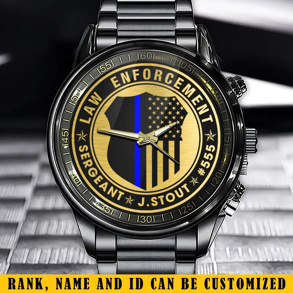 Personalized Law Enforcement US Police Blue Line Custom Name & ID Watch KVH24911