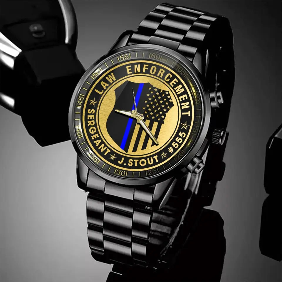 Personalized Law Enforcement US Police Blue Line Custom Name & ID Watch KVH24911