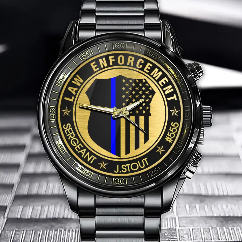 Personalized Law Enforcement US Police Blue Line Custom Name & ID Watch KVH24911