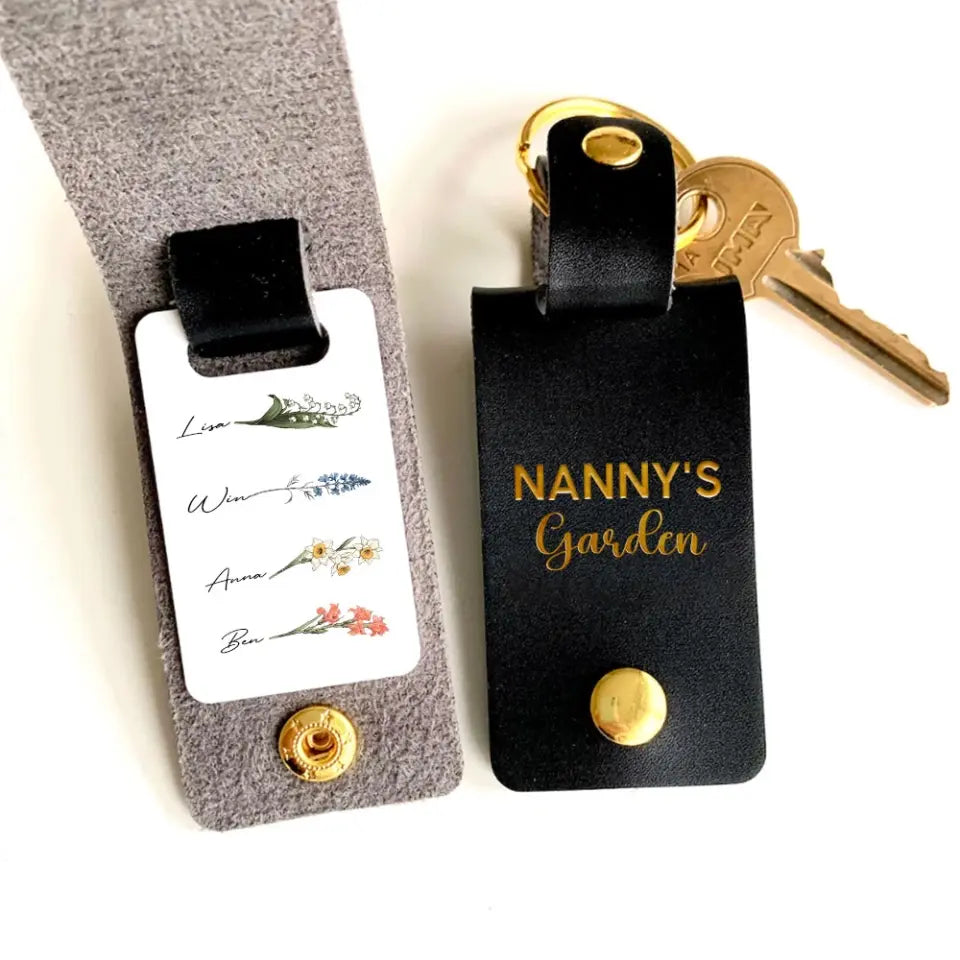 Personalized Flowers & Kid Names Nanny's Garden Leather Keychain Printed HN24947