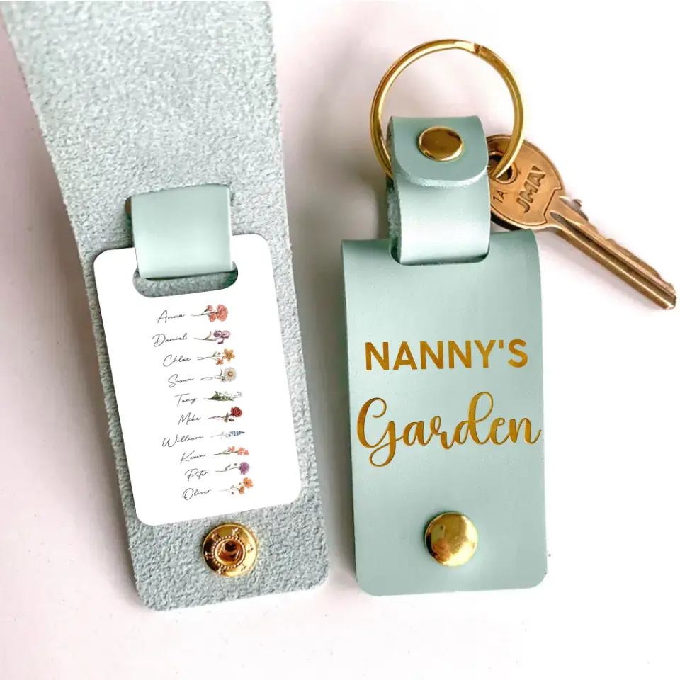 Personalized Flowers & Kid Names Nanny's Garden Leather Keychain Printed HN24947