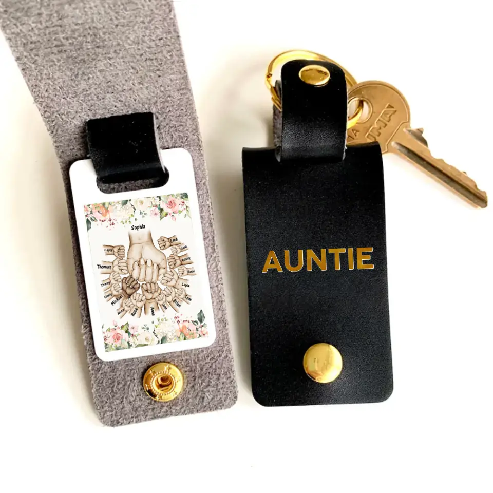 Personalized Auntie & Kid Names Floral Border Leather Keychain Printed HN24951