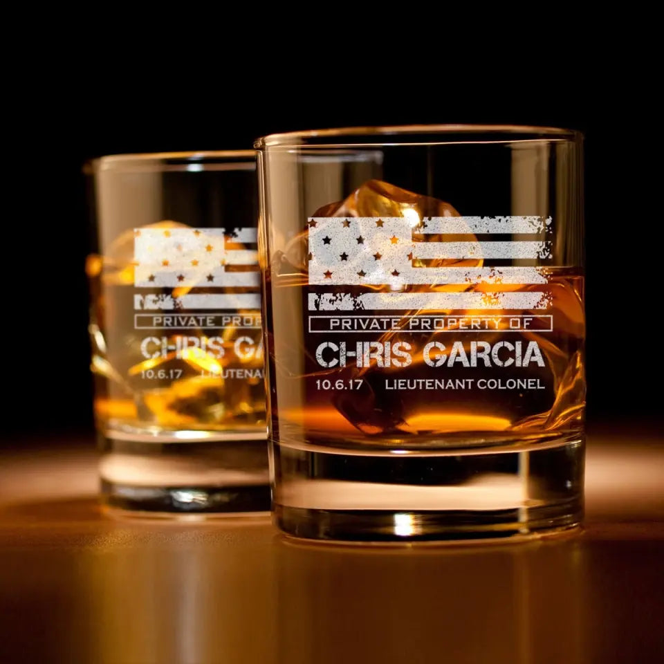 Personalized Private Property Of  US Veteran Custom Name & Rank Whiskey Glass Printed QTVA24956