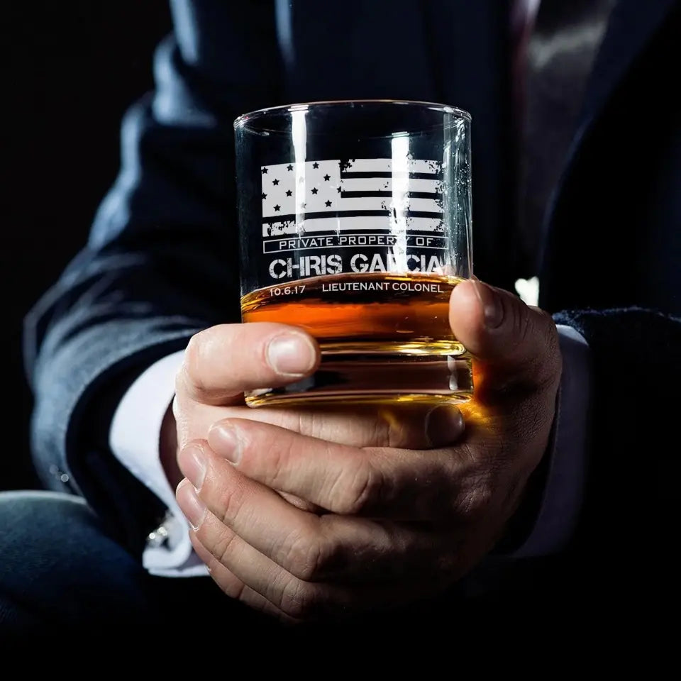Personalized Private Property Of  US Veteran Custom Name & Rank Whiskey Glass Printed QTVA24956