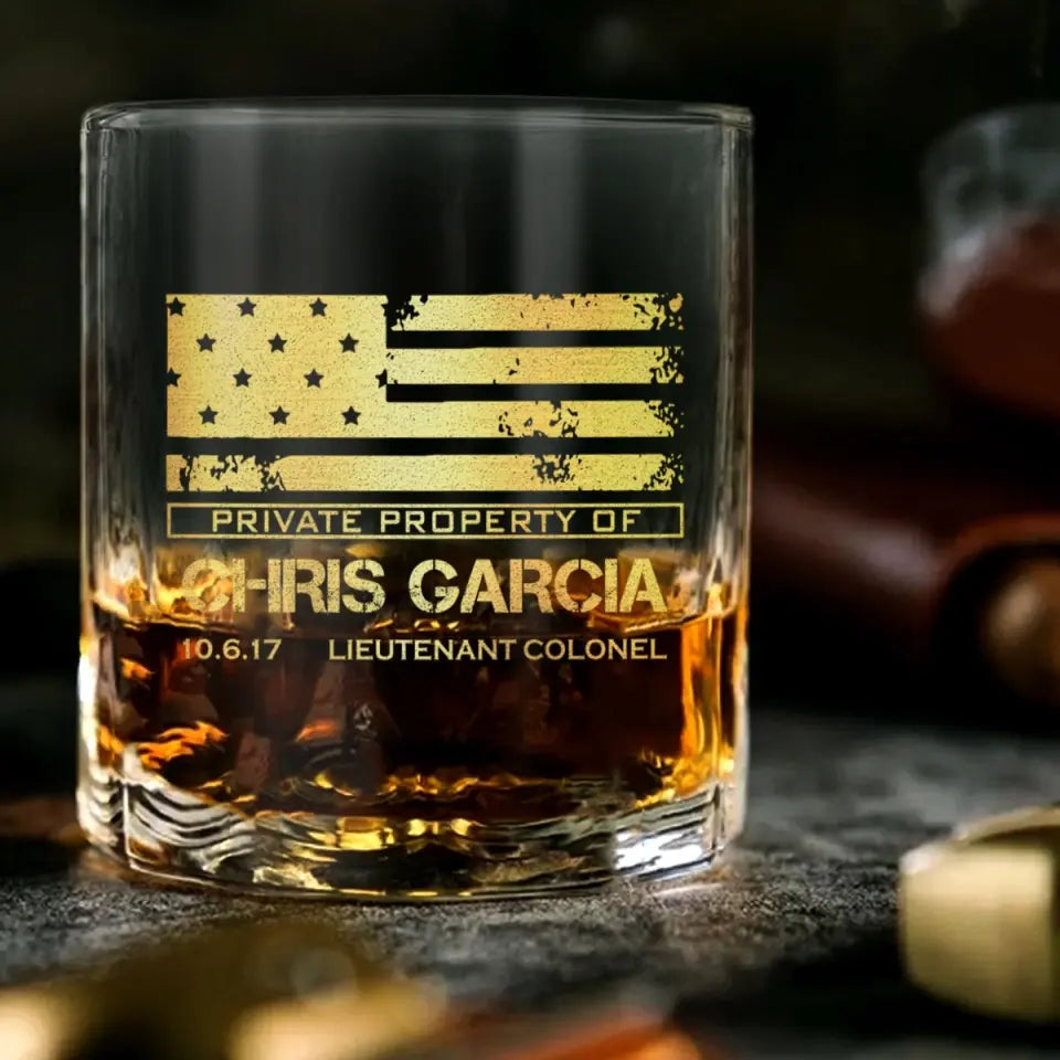 Personalized Private Property Of  US Veteran Custom Name & Rank Whiskey Glass Printed QTVA24956