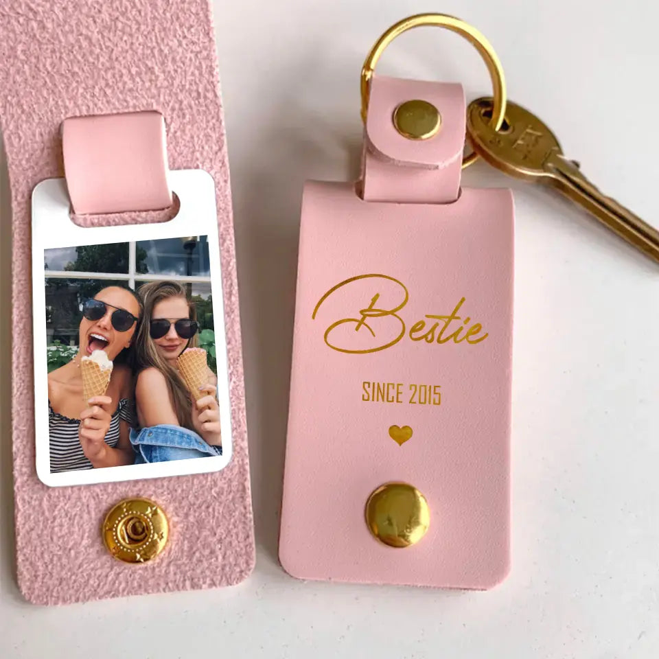 Personalized Upload Your Photo Gift For Bestie Leather Keychain Printed HN24954