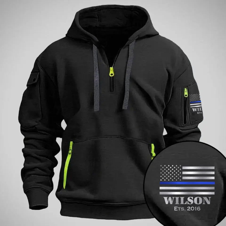 Personalized US Police Flag Custom Name & Time Quarter Zip Hoodie 2D Printed QTVQ24960