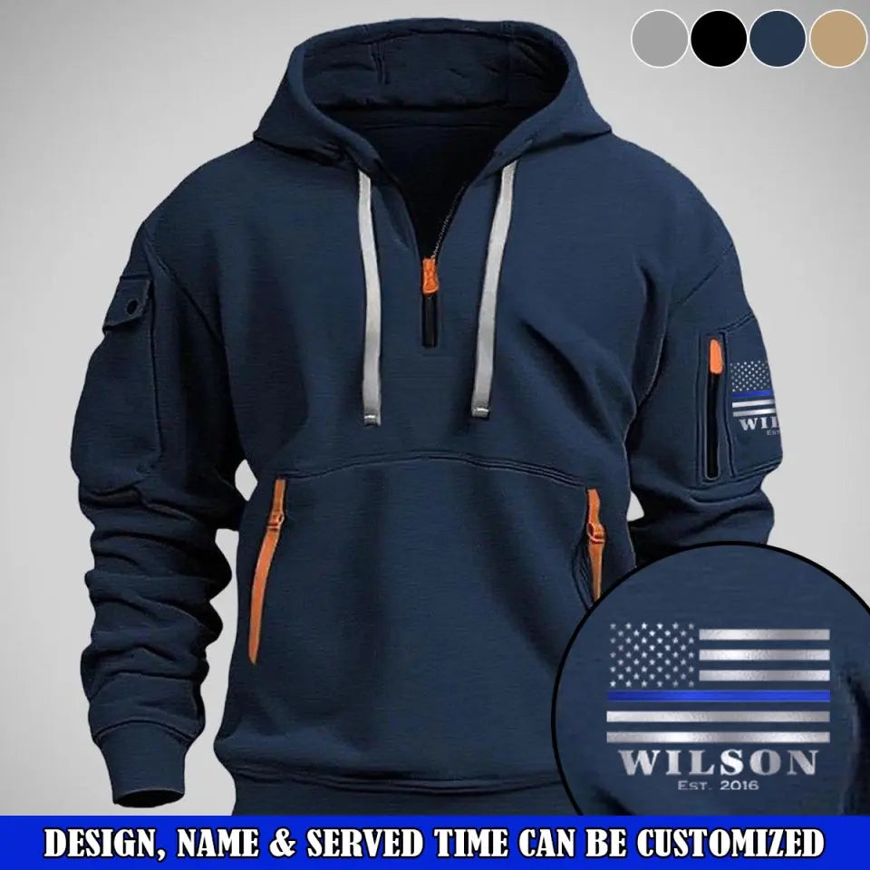 Personalized US Police Flag Custom Name & Time Quarter Zip Hoodie 2D Printed QTVQ24960
