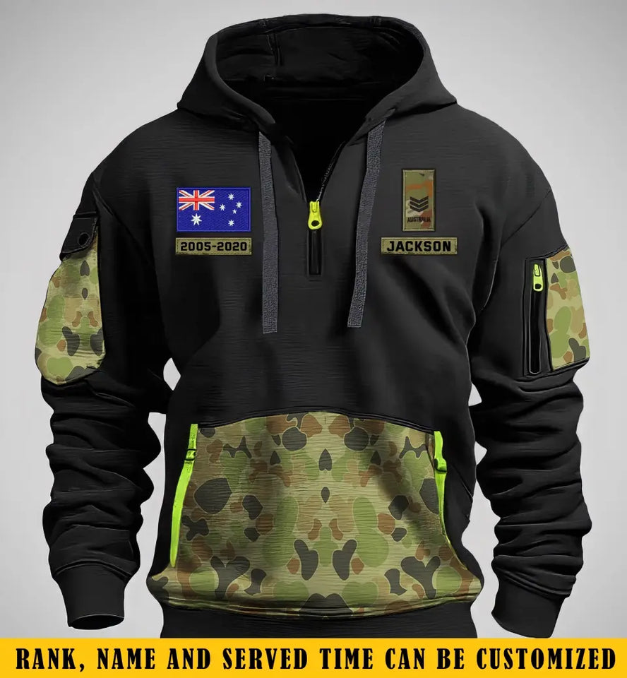 Personalized Australian Veteran Rank Camo Custom Name & Time Quarter Zip Hoodie 2D Printed KVH24971