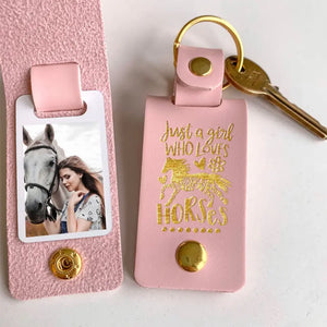 Personalized Upload Your Horse Photo Just A Girl Who Loves Horses Leather Keychain Printed HN24984