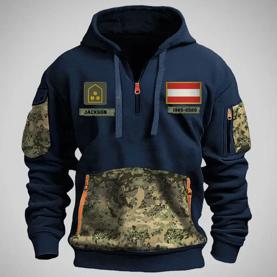 Personalized Austrian Veteran Rank Camo Custom Name & Time Quarter Zip Hoodie 2D Printed LVA24987