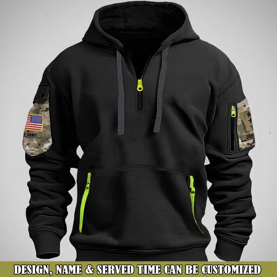 Personalized US Veteran Rank Camo Custom Name Quarter Zip Hoodie 2D Printed QTVQ24989