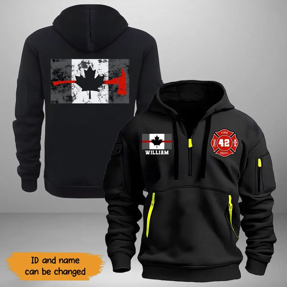Personalized Canada Flag Canadian Firefighter Custom ID & Name Quarter Zip Hoodie 2D Printed KVH24992
