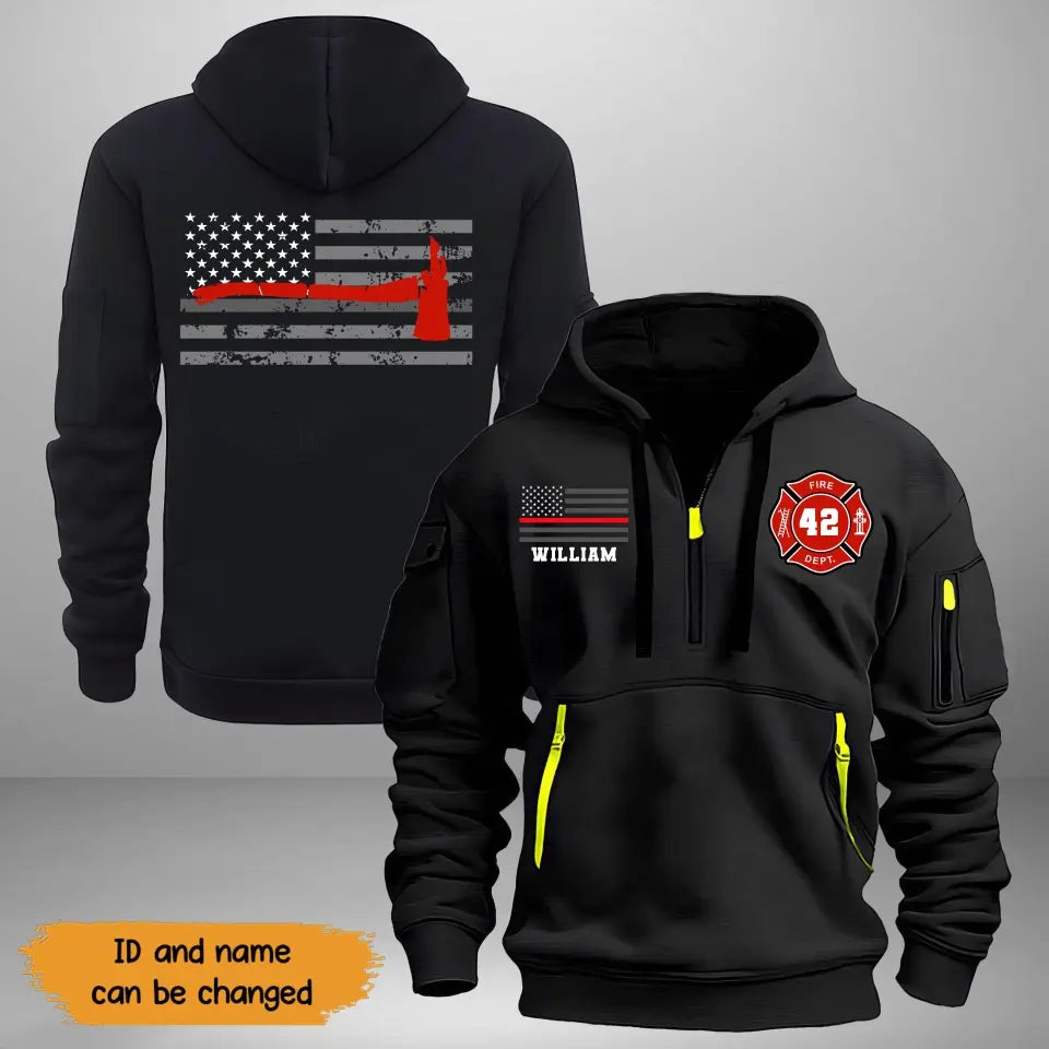 Personalized US Flag US Firefighter Custom ID & Name Quarter Zip Hoodie 2D Printed KVH24992
