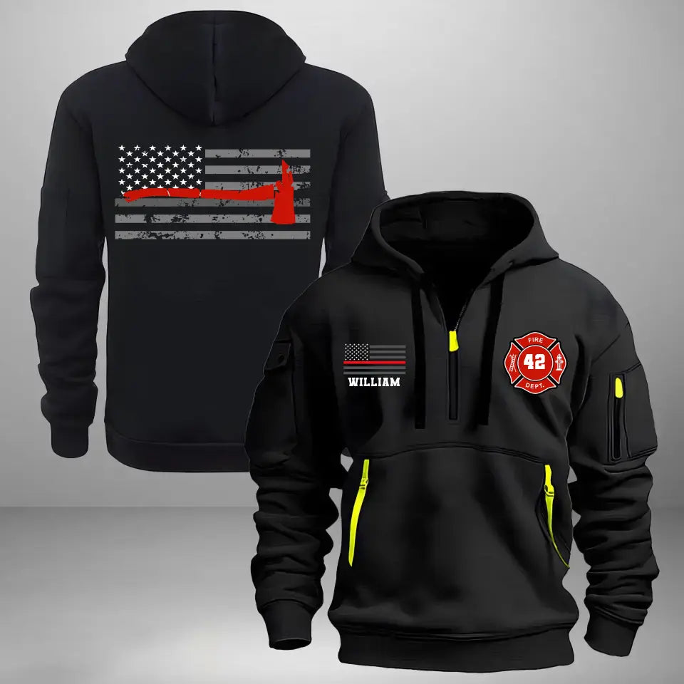 Personalized US Flag US Firefighter Custom ID & Name Quarter Zip Hoodie 2D Printed KVH24992