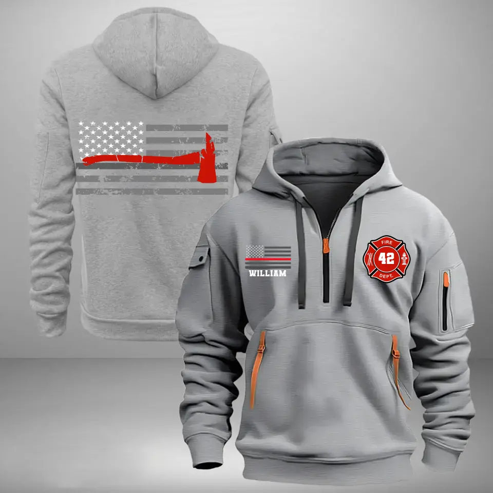 Personalized US Flag US Firefighter Custom ID & Name Quarter Zip Hoodie 2D Printed KVH24992