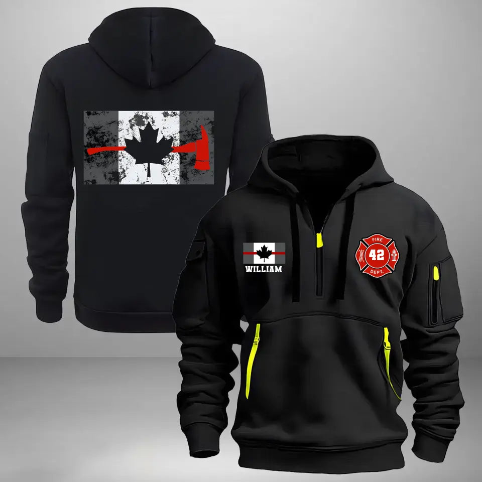 Personalized Canada Flag Canadian Firefighter Custom ID & Name Quarter Zip Hoodie 2D Printed KVH24992