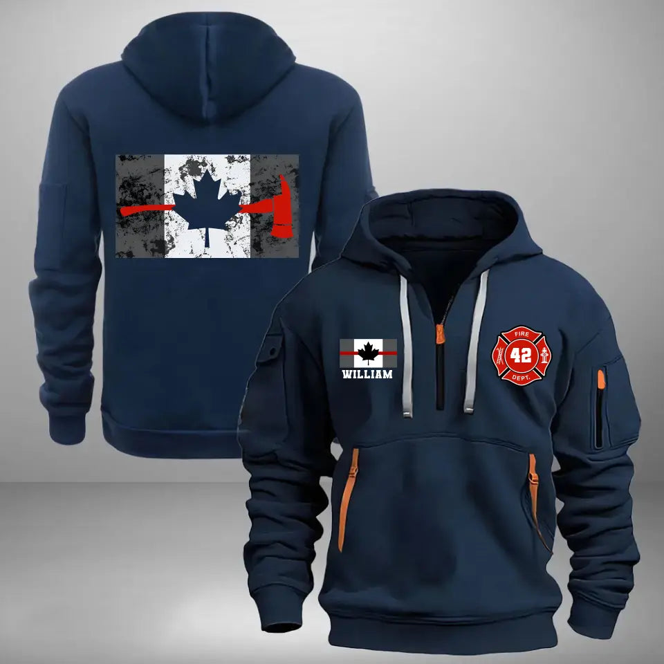 Personalized Canada Flag Canadian Firefighter Custom ID & Name Quarter Zip Hoodie 2D Printed KVH24992