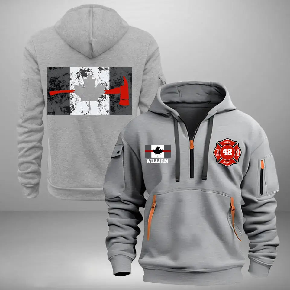 Personalized Canada Flag Canadian Firefighter Custom ID & Name Quarter Zip Hoodie 2D Printed KVH24992
