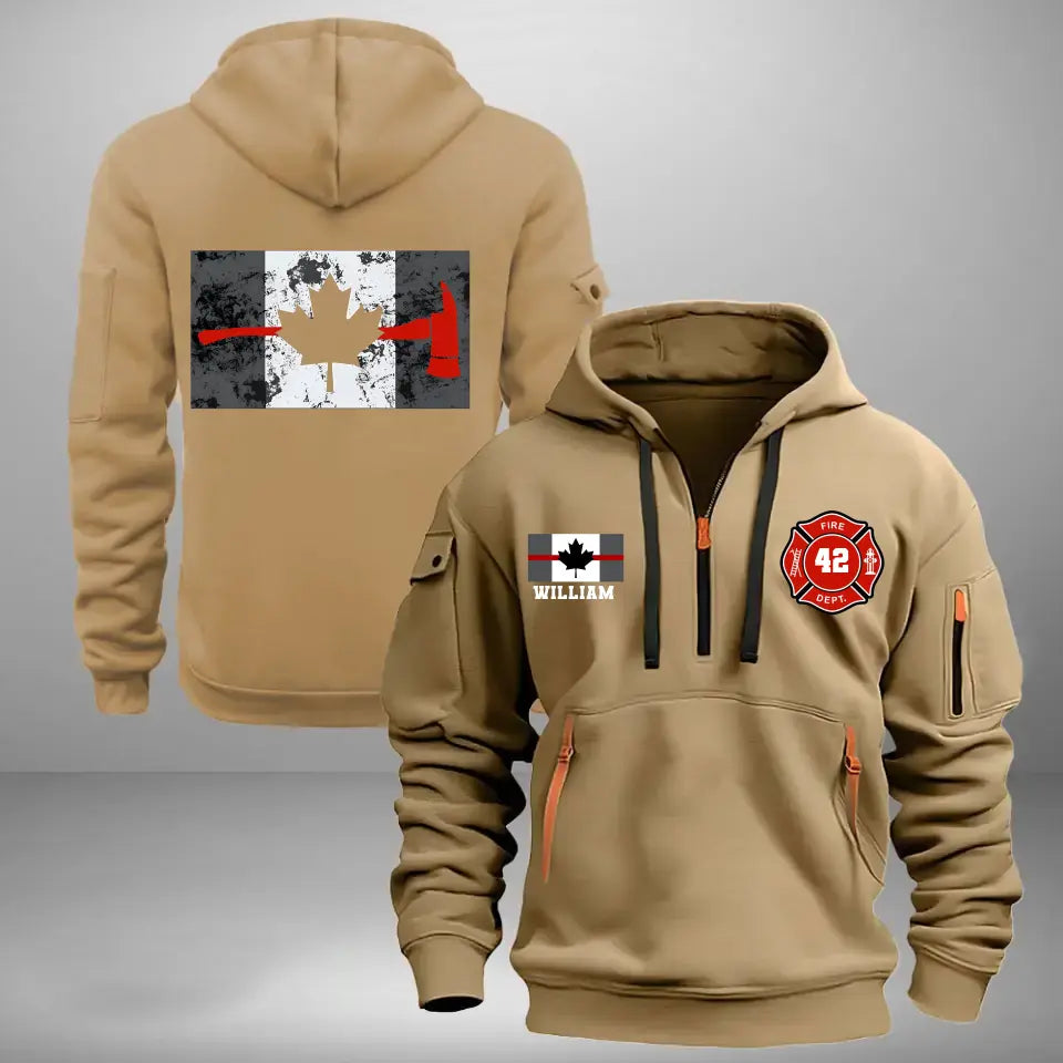 Personalized Canada Flag Canadian Firefighter Custom ID & Name Quarter Zip Hoodie 2D Printed KVH24992