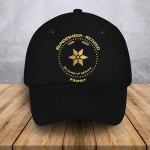 Personalized Retired Austrian Custom Gold Rank & Service Time Black Cap Printed AHVA241005