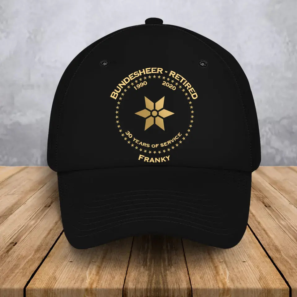 Personalized Retired Austrian Custom Gold Rank & Service Time Black Cap Printed AHVA241005
