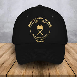 Personalized Retired Swedish Army Custom Gold Rank & Service Time Black Cap Printed AHVA241005
